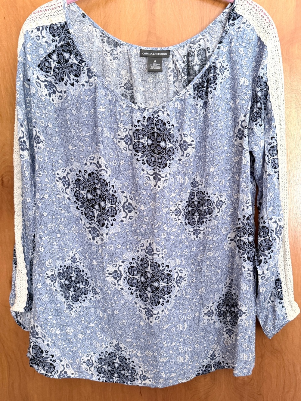 Super Cute! Lighter Weight Blue Pop Over Top With Crochet Detail!
